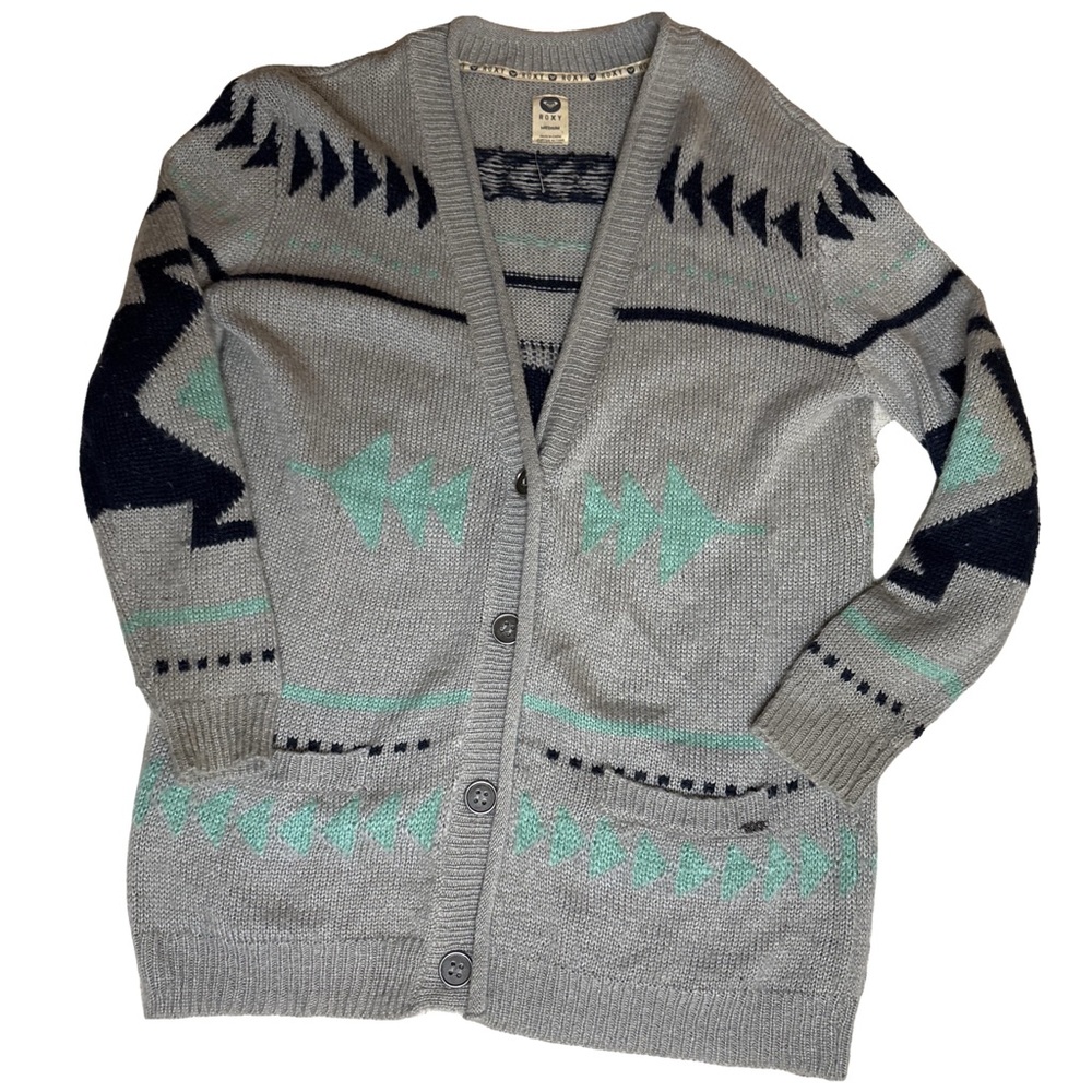 Roxy Gray Cardigan Sweater with Mint and Black Aztec Pattern